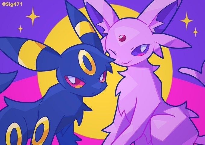 this digital art features a pair of pokemon, espeon and umbreon. the pokemon are depicted in a cartoon style and are both shown in a friendly and cute pose. the background of the image is a pastel pink, yellow, and purple color scheme with stars and a moon. the characters are both welldrawn and colorful with very distinct coloring and details.