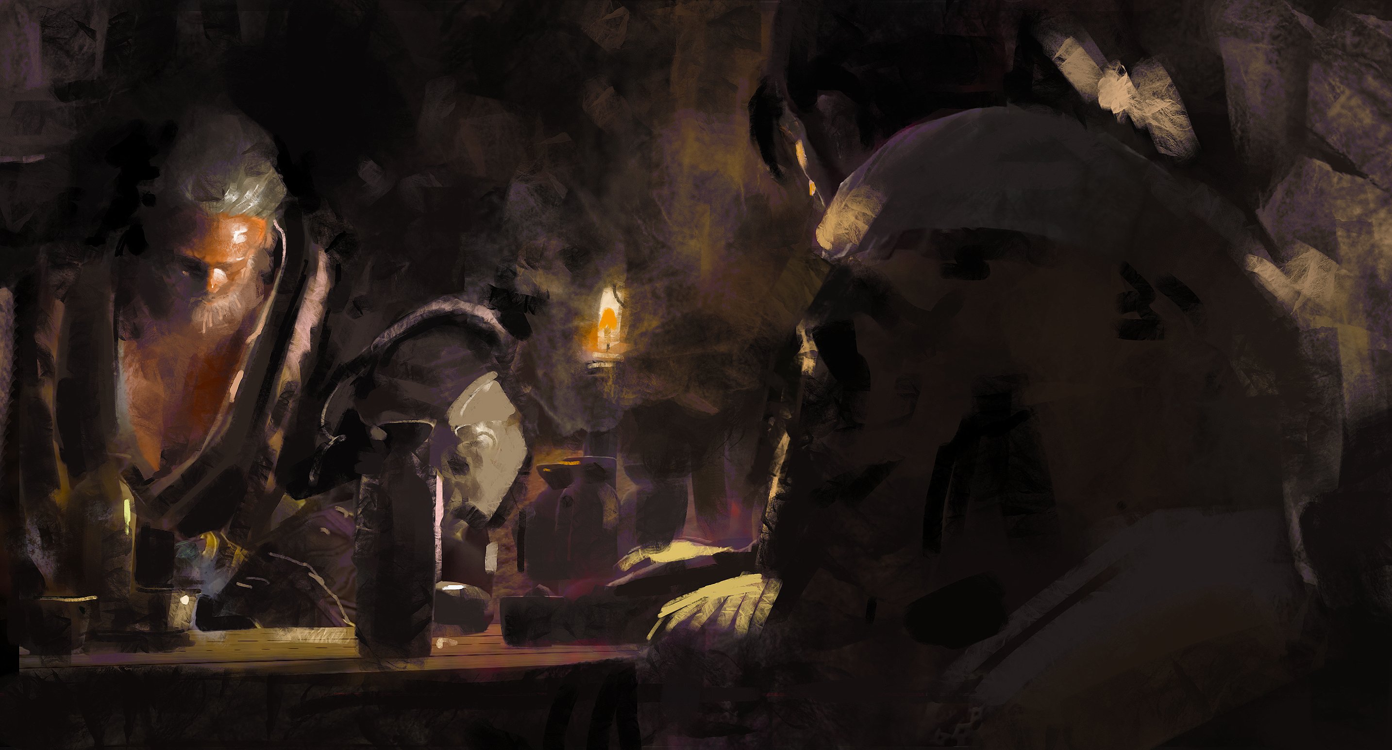 this is a digital painting depicting two men in a dark tavern. the figures are illuminated by the warm glow of a candle on the table between them, casting long shadows around them. the scene is set in a medieval fantasy world, as evidenced by the men's attire and the surrounding environment. they seem to be engaged in a serious conversation, their expressions unreadable in the dimly lit space. the atmosphere is heavy with a sense of mystery and intrigue.