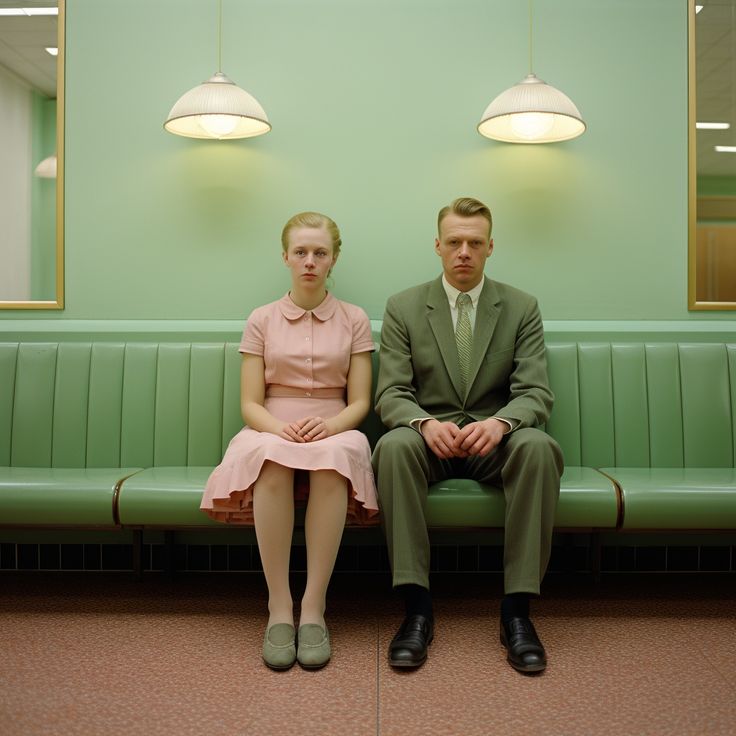 a man and a woman are sitting on a green bench, waiting. the woman is wearing a pink dress with a white collar and the man is wearing a green suit with a tie. they are both looking straight ahead, with serious expressions on their faces. the interior of the room is decorated in a retro style, with green walls and two light fixtures hanging from the ceiling. the couple's outfits and the setting suggest that the photo was taken in the 1950s or 1960s.