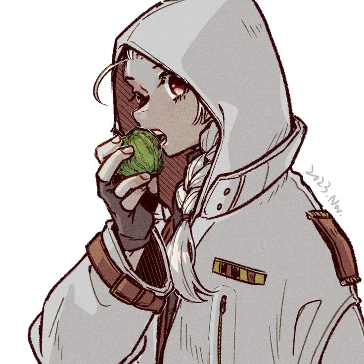 the image is a digital drawing of an animestyle female character. she has long, braided white hair and is wearing a large, white hooded jacket with brown accents.  she is eating a brussels sprout.  her expression is somewhat serious, and her red eyes are noticeable. the style is a blend of manga and a more westerninfluenced illustrative style. the date "2023.nov." is written in the corner.