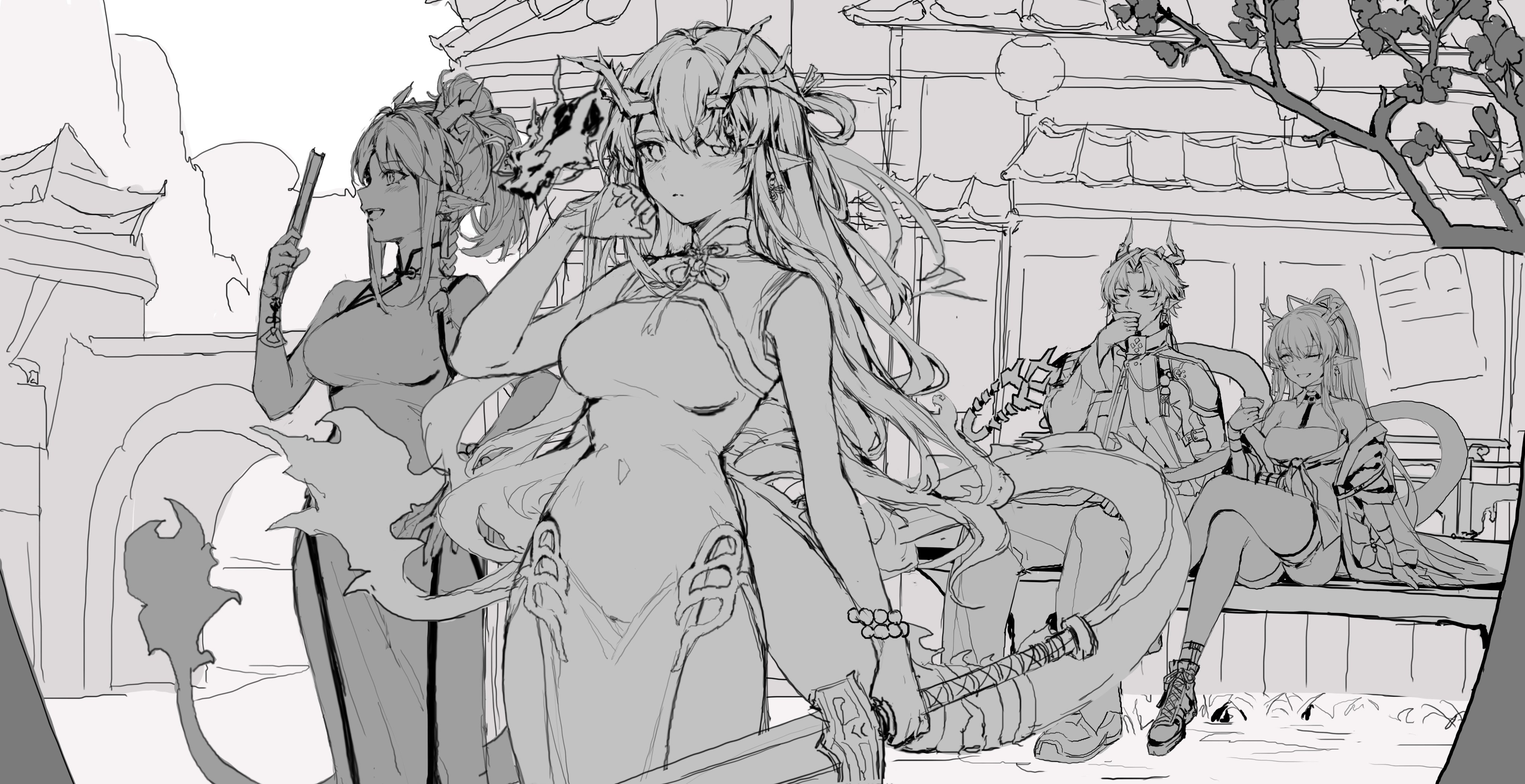 a grayscale animestyle illustration depicting a group of female characters in various poses. one woman in a qipao holds a sword, another holds a fan, and two others are sitting on a bench seemingly enjoying refreshments. they appear to be in a fantastical setting with an orientalinspired backdrop featuring traditional architecture and a flowering tree. the style is a loose sketch with visible line work, giving the piece a dynamic and unfinished look. the image conveys a sense of camaraderie and possibly a story in progress.