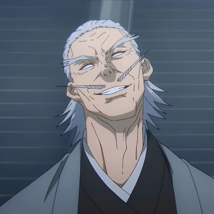 this is an anime image of an older man with long, white hair and a long, white goatee smiling. he is wearing traditional japanese clothing and is indoors in front of a gray wall.