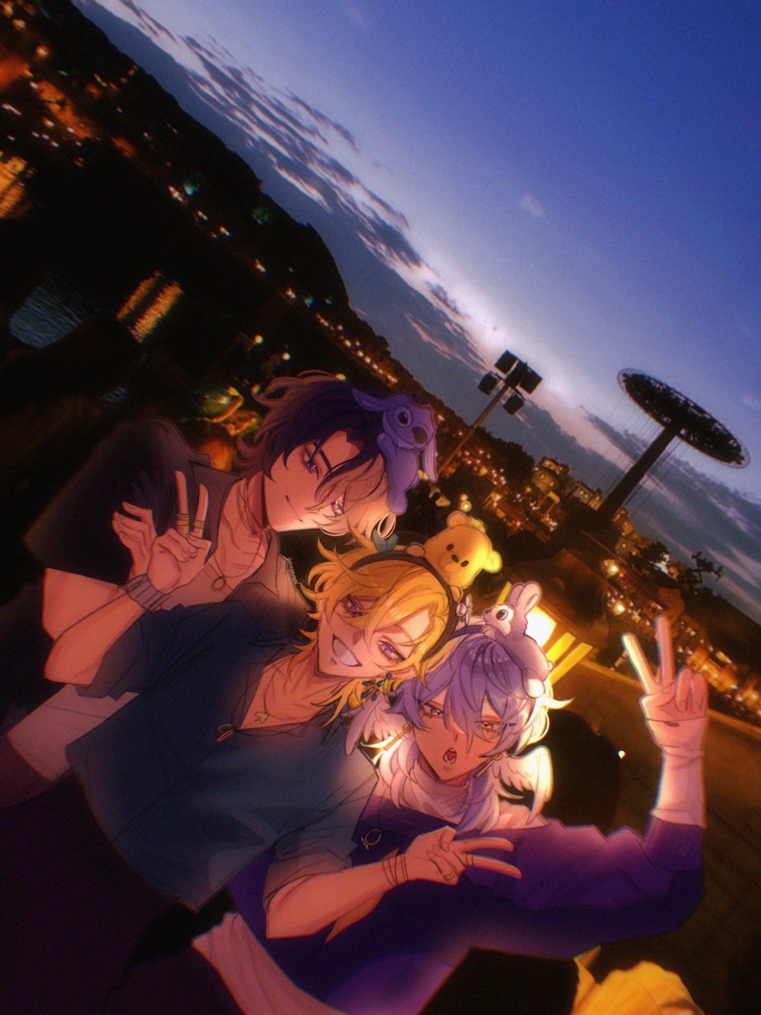 this image is a digital illustration depicting three animestyle boys, their features exaggerated and stylized, standing together against a night cityscape. the background features a distant cityscape with lights twinkling, a giant ferris wheel, and the sky with wispy clouds. the three boys are smiling, with two of them making peace signs, suggesting they are having a fun time together. they are dressed in casual clothes and appear to be good friends, showcasing their youthful bond. the image uses vibrant colors and soft lighting, enhancing the overall feeling of joy and friendship.