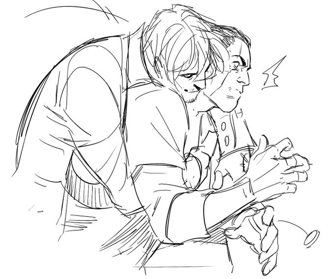 the image is a black and white line art drawing of two men. one man is hugging the other from behind. the man in the front has his hands clasped and appears tense or upset. the style is a loose sketch.