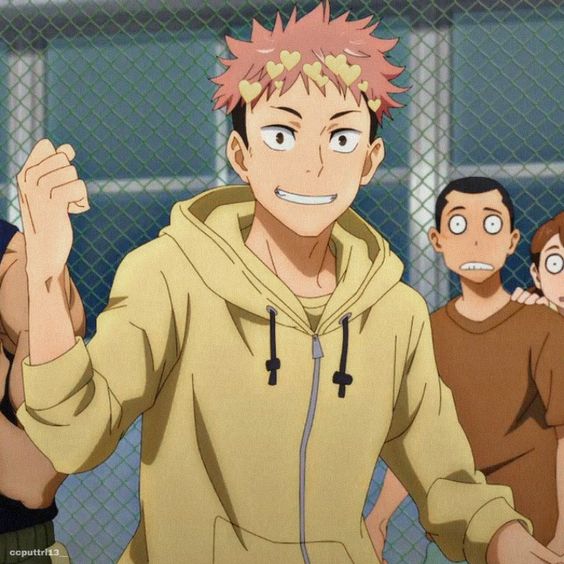 a digital drawing of a young man with spiky pink hair, wearing a yellow hoodie, smiles brightly at the viewer. he raises his fist in a celebratory gesture. in the background, two other boys react with surprise and amusement. the setting appears to be a schoolyard, suggested by the chainlink fence and the casual attire of the characters.