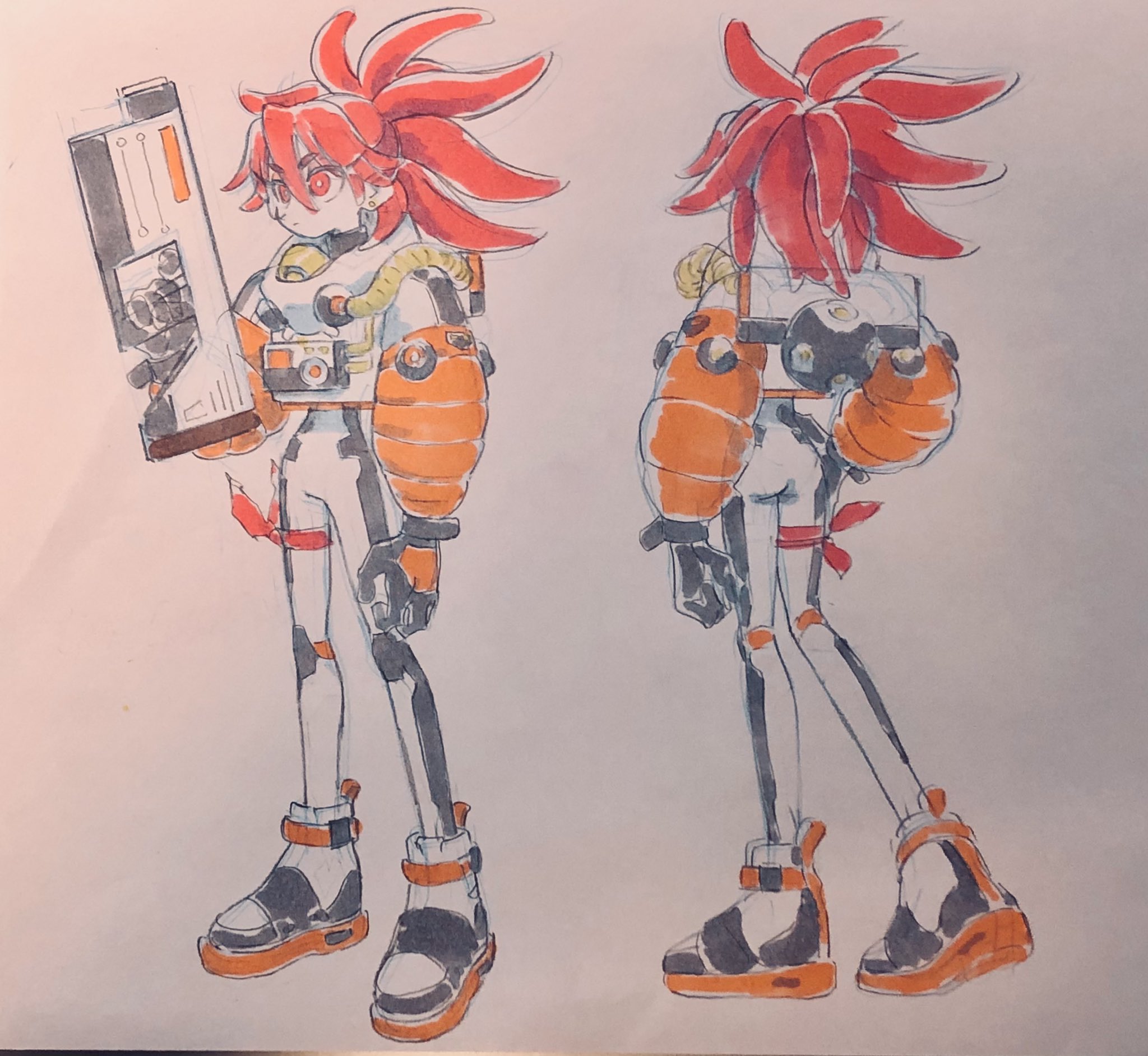 the image is a concept sketch of a humanoid robot or cyborg character with spiky red hair. they are wearing a white and orange jumpsuit with a large gun strapped to their back. they have a futuristic and somewhat playful appearance. the image shows both a front and side view of the character.