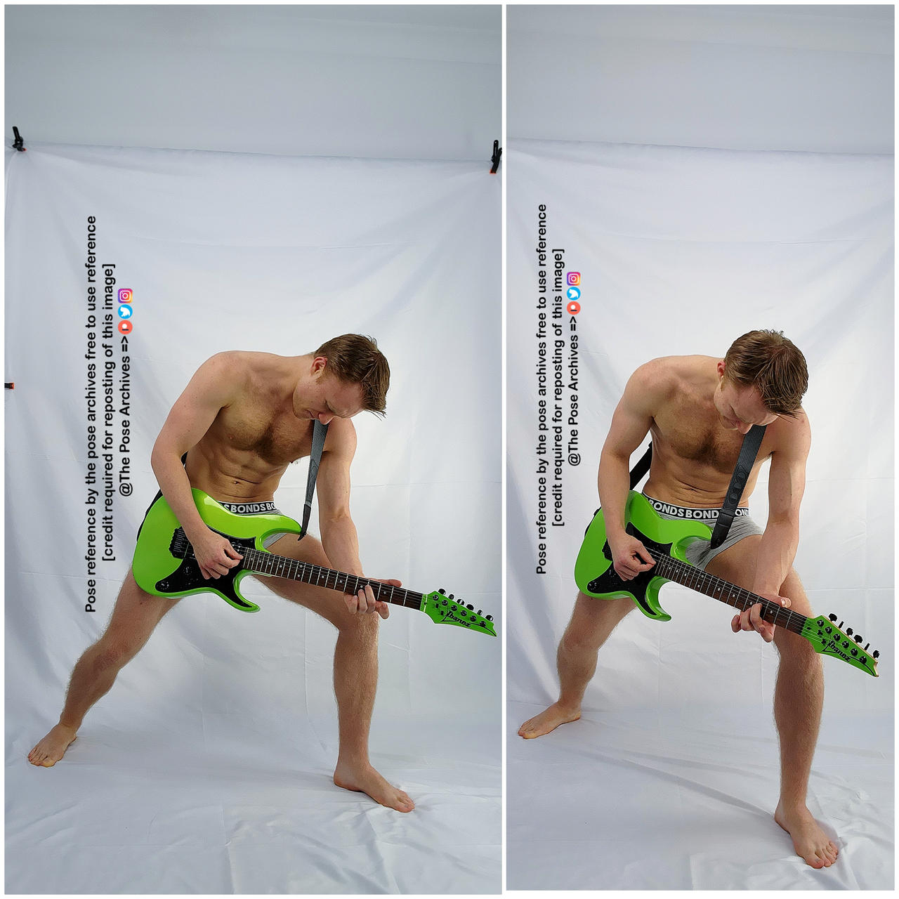 the collage features two nearly identical photos of a man enthusiastically playing an electric guitar. the man, with a lean build, is positioned against a white backdrop, potentially in a studio setting. he's shirtless, wearing only underwear. the lighting is even and artificial, illuminating the scene brightly. the man's pose and the guitar's position remain consistent in both images.