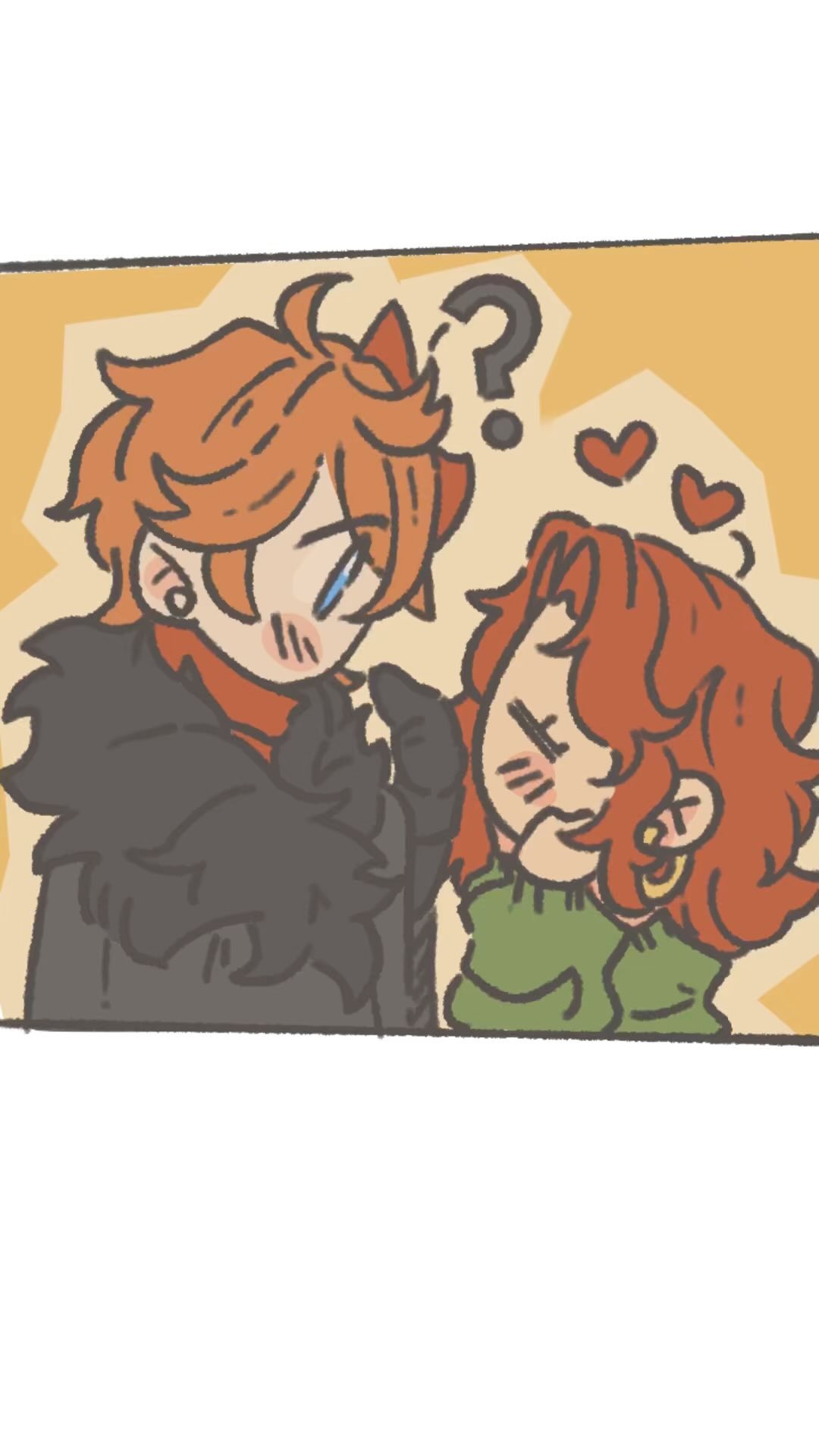 the image is a cartoon illustration of a young couple. the male character has orange hair and is wearing a black coat. the female character has red hair and is wearing a green sweater. they are standing close together, and the female character is blushing. there are hearts and a question mark in the background. the style is cute and adorable.