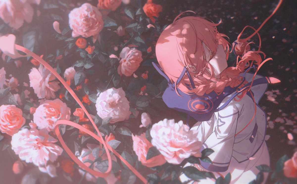 the image shows an anime girl with pink hair and a braid standing among a bush of roses. she is facing away from the viewer. she has a white shirt with a violet collar and a violet symbol on it. there are pink ribbons in the air around her. the roses are various shades of pink and red. the garden setting is dreamy and beautiful. the style is digital art.