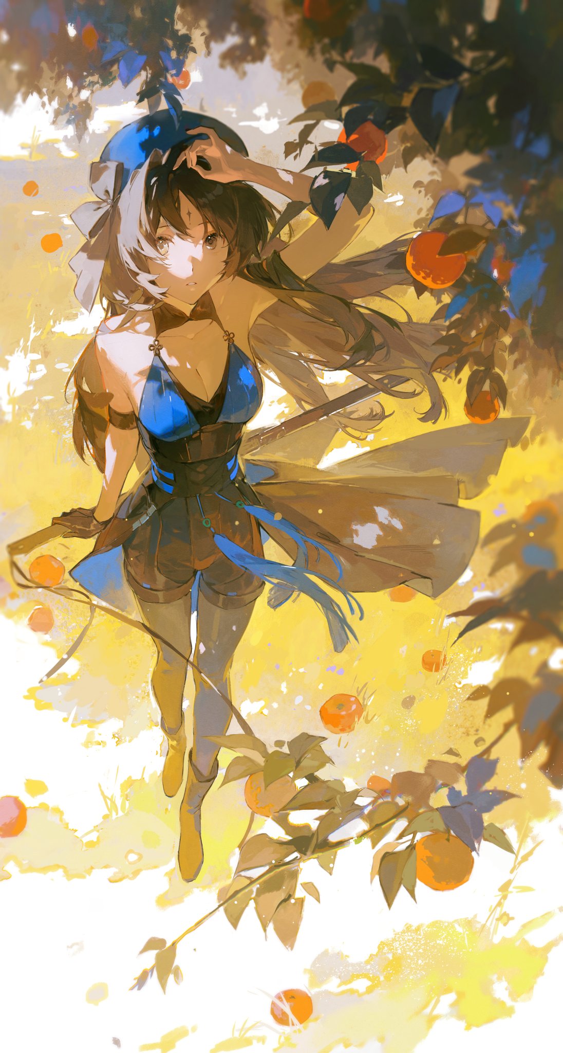 a young woman with long dark hair, wearing a blue dress and a blue cap, stands beneath orange trees in a sundrenched forest. she holds a staff in her left hand and shields her eyes from the sun with her right. sunlight streams through the leaves of the trees, casting dappled shadows on the ground.  the overall palette is warm and vibrant, with yellows and oranges dominating the scene.