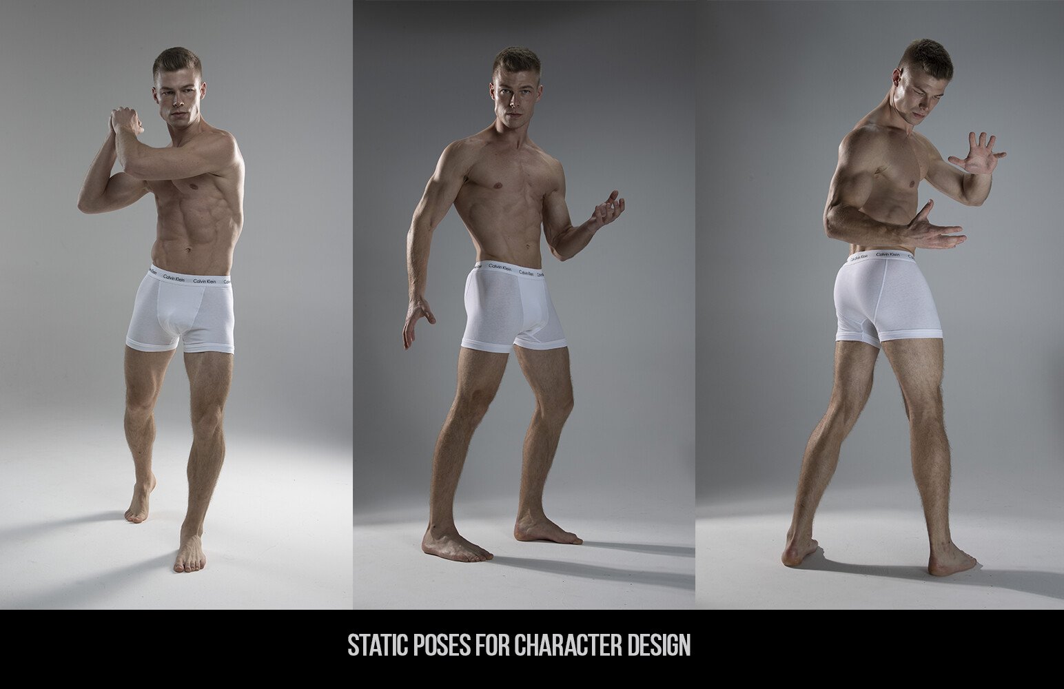 this image shows a man in three different poses, all in underwear, for use as reference for character design. he is standing and his legs are slightly bent in all of the poses. the man has a muscular physique. the image is taken against a gray background. the image is high quality.