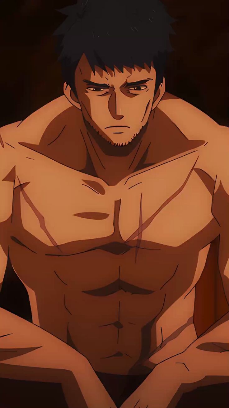 the image features a closeup of a muscular anime man with short dark hair and a serious expression. his bare torso is covered in scars, highlighting his strength and experience. the lighting is dramatic and lowkey, casting deep shadows across his body and emphasizing his muscular physique. the background is a dark, nondescript brown, keeping the focus solely on the character. his intense gaze and the overall brooding atmosphere suggest a sense of power and possibly a troubled past.