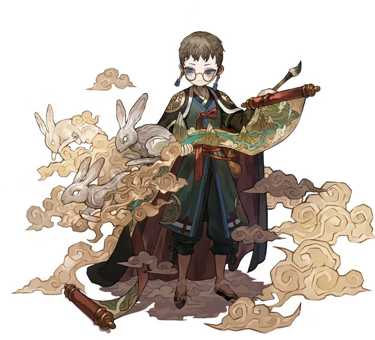the image is a colorful cartoon illustration of a young man, possibly an anime character, dressed in a chinesestyle robe holding a map. the map is a long scroll being held by both hands and is being unfurled by the man. he is also wearing glasses and has a long, dark braid hanging from his head. there are a few white rabbits, possibly a symbol for luck, flying around the man's body with many tan clouds around them. the illustration is set on a plain white background.