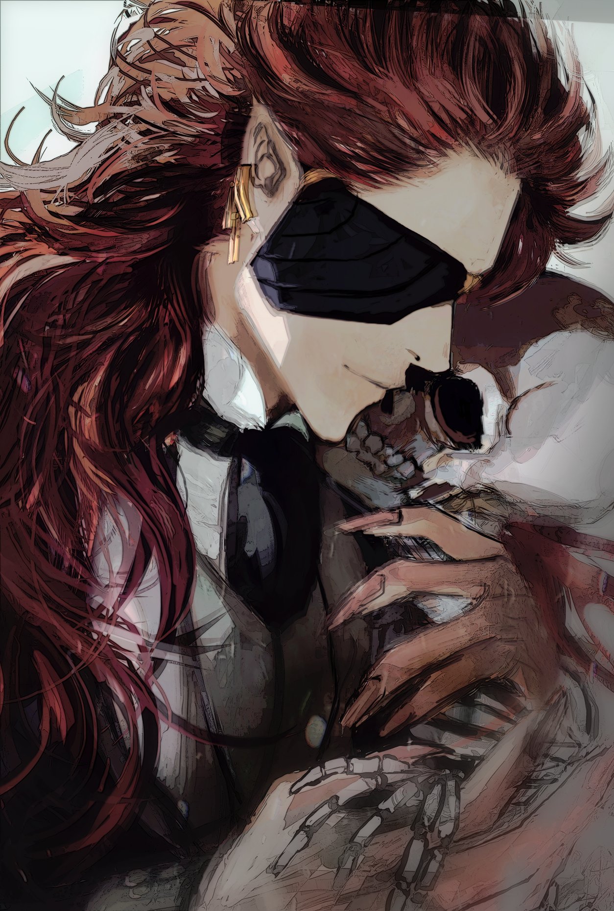 a digital illustration of a woman with long red hair holding a skull in her arms. she is wearing a white shirt and a black tie and has a black eye patch covering her right eye. the image is dark and mysterious, with a gothic feel.