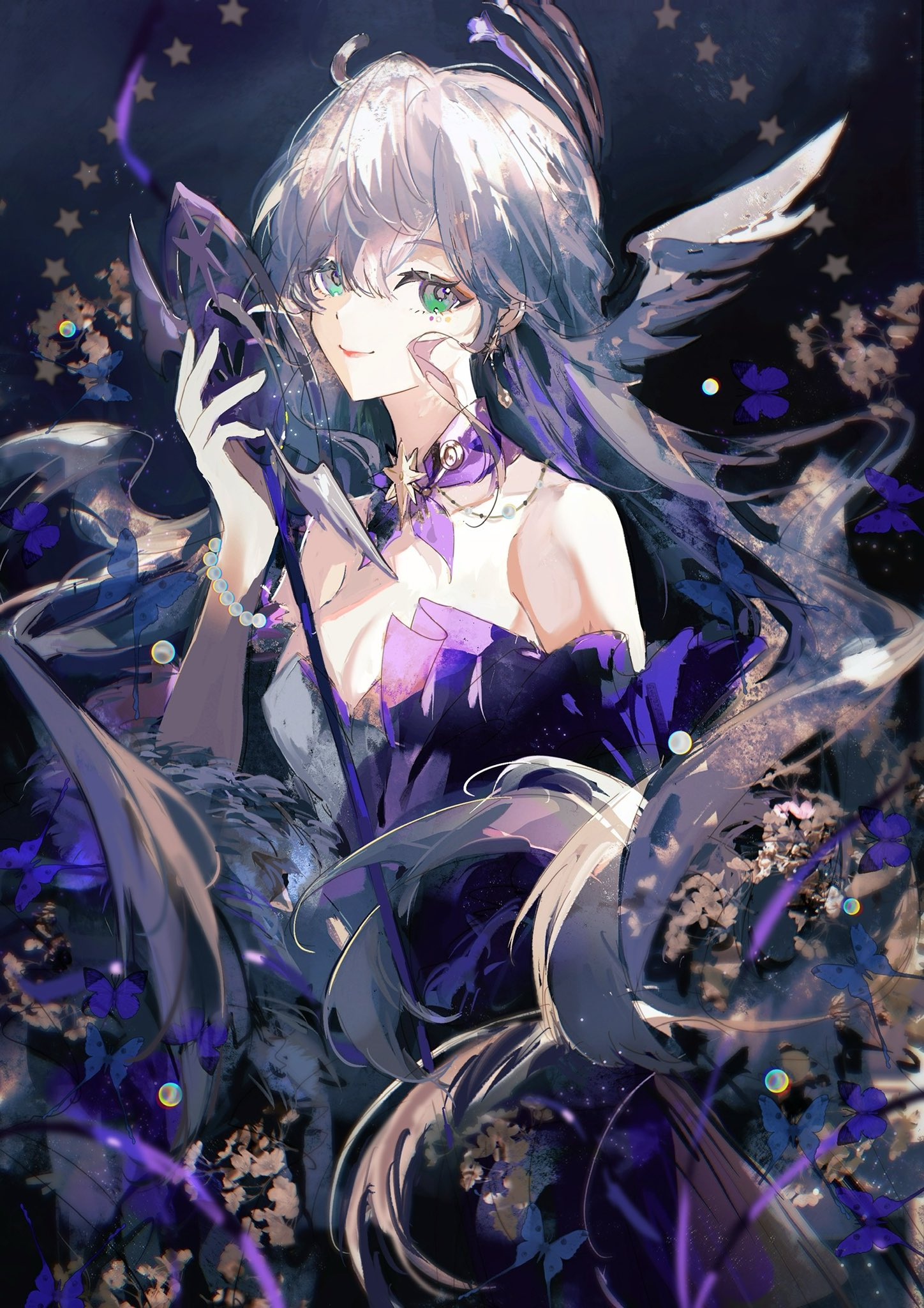 this is a digital art illustration of an anime girl with long white and purple hair. she has green eyes and is wearing a purple dress with feathers and wings. she is holding a mask in her hand. the background is a dark, mysterious forest with stars. the overall style is fantasy and magical.