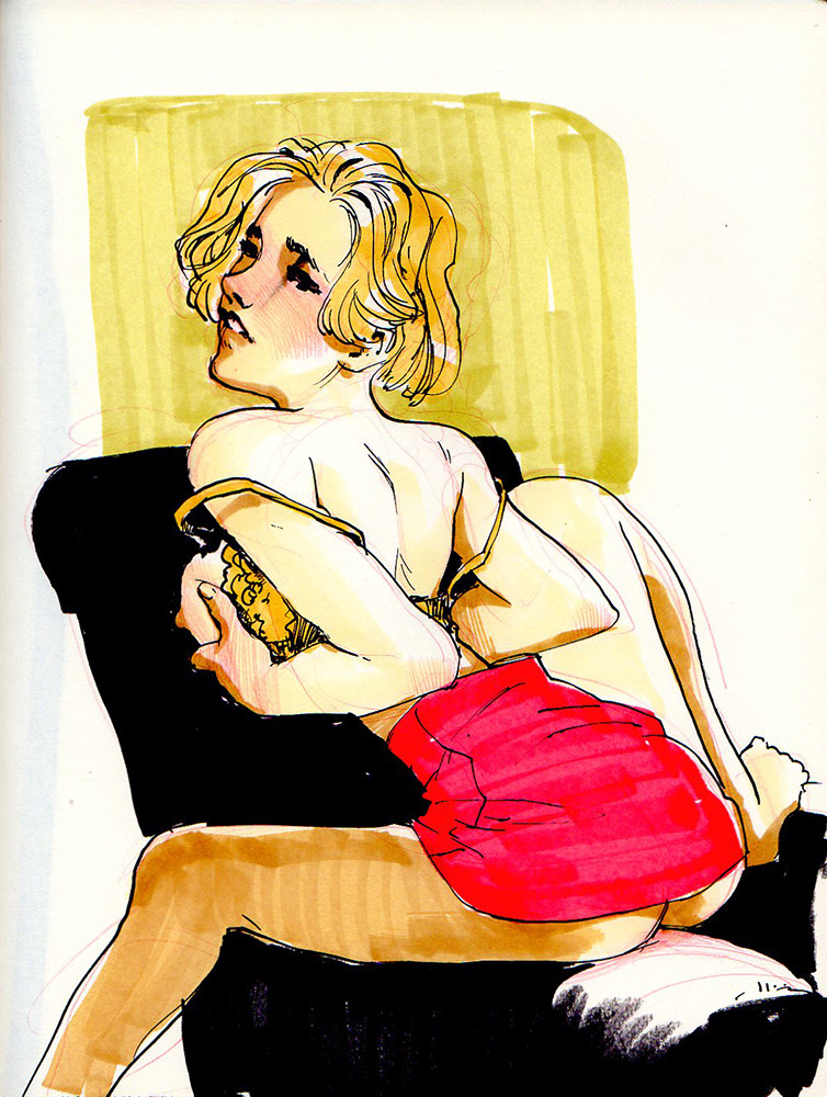 the image is a dynamic and expressive drawing or illustration of a young blonde woman. she has short, slightly tousled hair and is captured in a relaxed, almost sensual pose. she's sitting on what appears to be a darkcolored chair or couch, with her body angled slightly away from the viewer.  she's wearing a red, gathered skirt and a barely visible top, revealing her back and shoulders. the style is loose and suggestive, with bold lines and expressive use of color. the background is a pale yellow, textured with vertical strokes. the artist's attention to detail is evident in the rendering of the woman's features and the flow of her clothing.  the overall mood is relaxed yet intriguing.