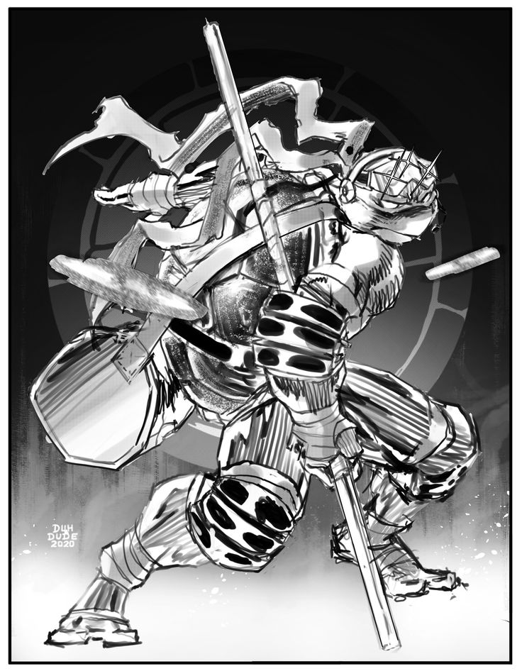 a black and white drawing of a ninja warrior in a dynamic pose, holding a katana and sai. he is wearing a mask, helmet, and armor. the background is a gray swirl. the drawing is done in a comic book style.