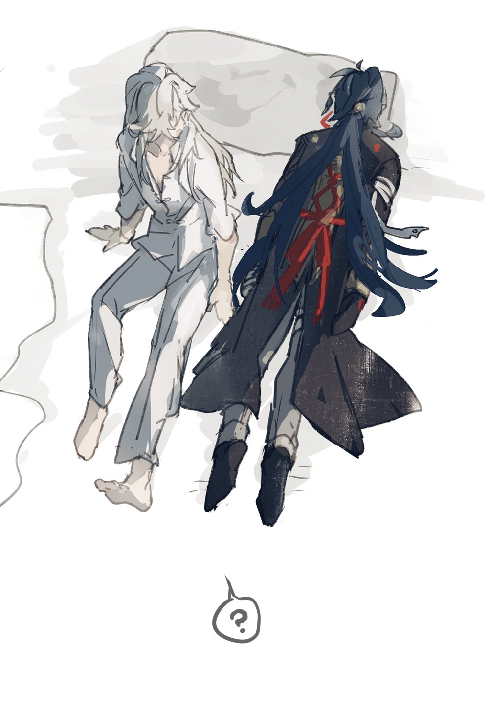 the image features two anime characters, both male. the one on the left has white hair, and is wearing white pants and a white shirt. he is floating in the air with his feet up. the character on the right has black hair with a red bow, and is wearing a black coat over a white shirt and black pants. he is also floating in the air. there is a question mark in a speech bubble in the bottom center of the image. the background is gray.