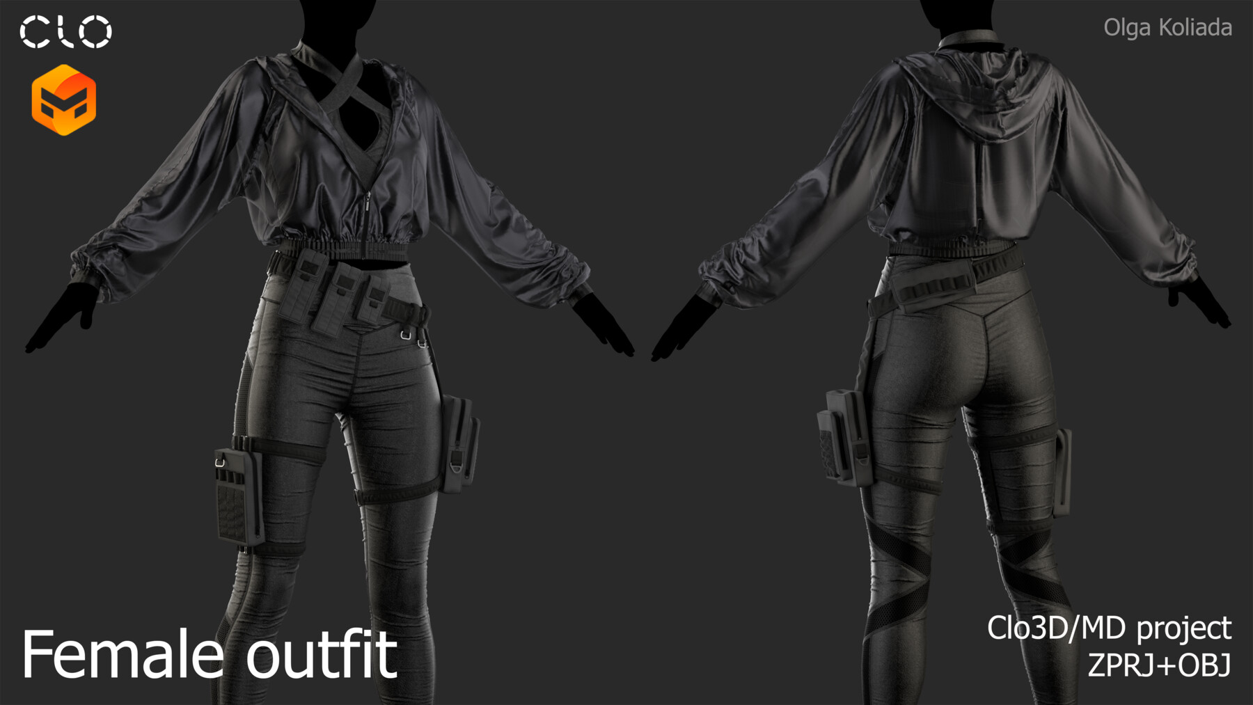 a 3d model of a female wearing a black jacket, pants, and tactical gear. the model is posed in a dynamic fashion, with her arms extended outwards.