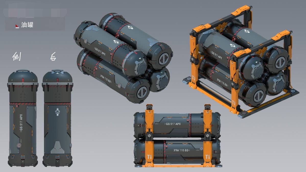 the image showcases a set of futuristic, cylindrical containers or tanks. designed with a sleek, industrial aesthetic, they appear modular, capable of being stacked or grouped in various configurations. the containers are predominantly dark gray with orange accents, adding a touch of visual interest to their otherwise functional design. multiple views, including a bird'seye perspective and side views, are provided, offering a comprehensive understanding of the containers' form and potential arrangement.