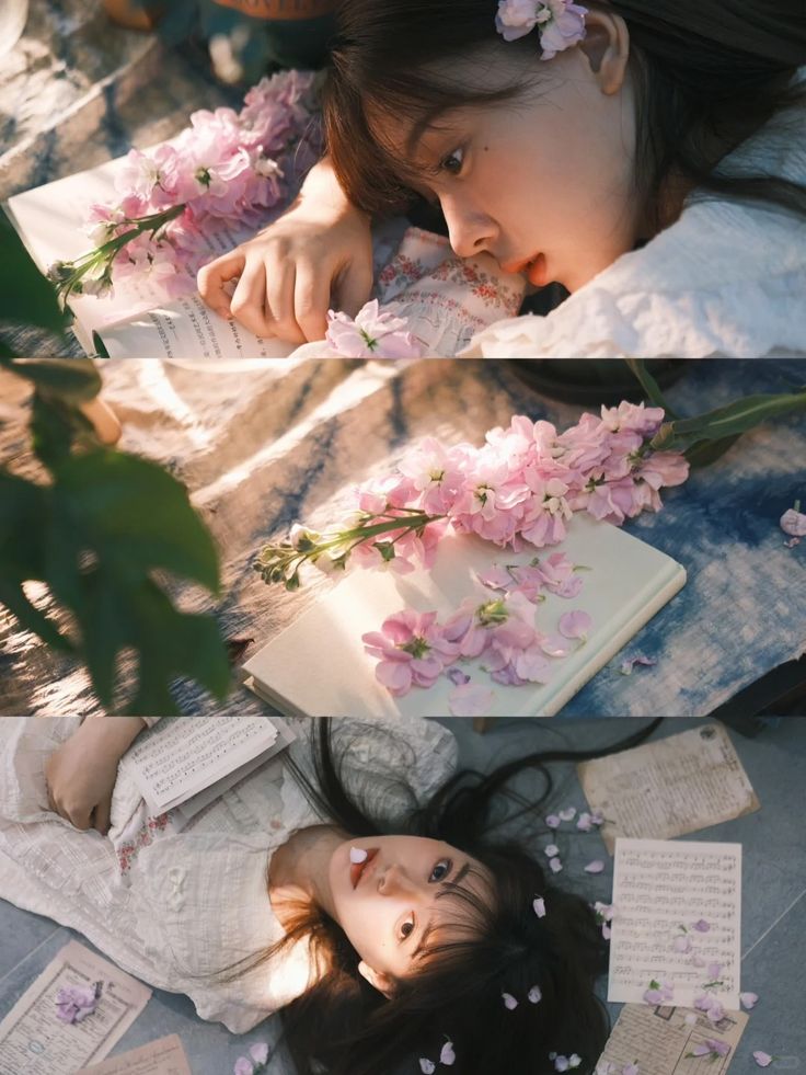 the image is a triptych showcasing a young asian woman in a serene and romantic setting. the photos are arranged vertically with a consistent theme.  she is lying on a textured surface, possibly a blanket or rug, amidst scattered pink flowers, primarily matthiola incana (stock).  she is wearing a white, loosefitting dress.  books and sheets of what look like music scores are scattered around her.  the overall mood is calm, delicate and dreamy, enhanced by soft, natural lighting.  the flowers add a layer of romanticism to the composition. each frame emphasizes different angles and the soft light creates a captivating aesthetic.