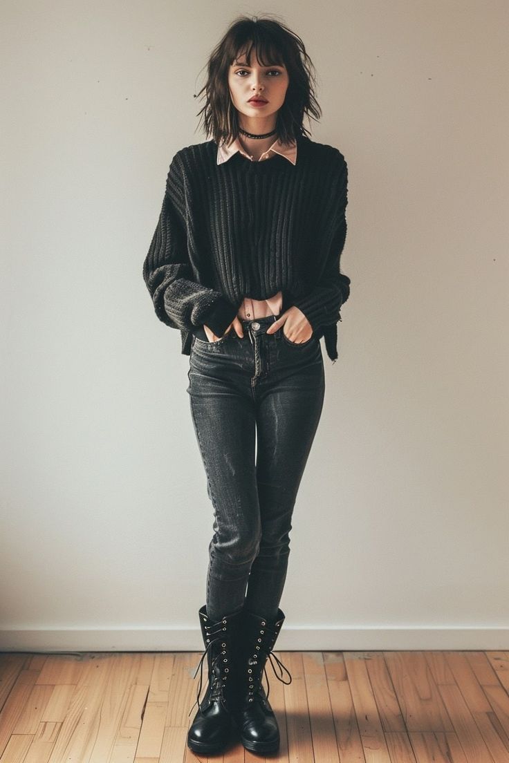 a full shot of a young woman standing against a white wall. she is wearing a black cropped knit sweater over a light pink collared shirt, dark wash skinny jeans, and black combat boots.  her dark hair is styled with bangs. she has a choker necklace on. the overall style is casual and slightly grunge or edgy. the background is simple, focusing attention on the model and her outfit. the image is welllit, with a slightly muted color palette.