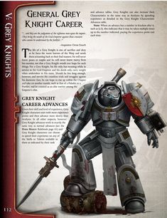 a page from a magazine features a drawing of a grey knight space marine in power armor, holding a weapon. the text describes the career path of a general grey knight.