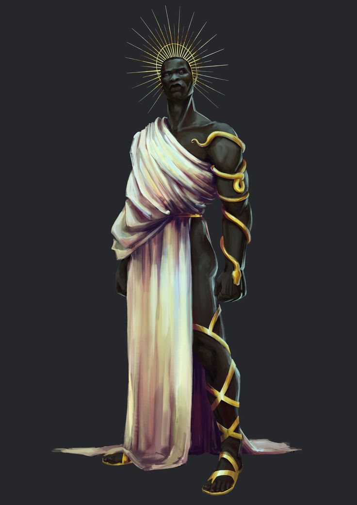 the image is a digital painting of a powerful, darkskinned male figure who appears to be a god or deity. he is adorned with a golden halo resembling a sun, a flowing white togalike robe, and golden snakelike jewelry encircling his arms and legs. his sandals are also gold. his expression is serious and dignified. the background is a simple, dark grey, focusing attention on the figure. the style is reminiscent of fantasy art, possibly inspired by classical or mythological themes.  the overall impression is one of majesty and divine power.