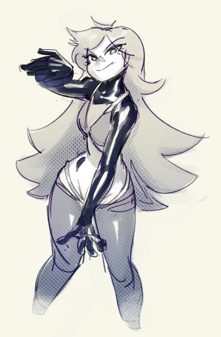 a sketch of an anime girl in a black and white outfit. she is posing with her hand outstretched. the art style is loose and sketchy, with a lot of shading. the colors are mostly greyscale, with a hint of purple. the background is plain beige.