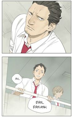 he image consists of two panels from a black and white manga. the top panel features a closeup of a tall boy with dark hair and a serious expression, looking down at someone. he wears a white shirt with a red tie. the bottom panel takes a lower angle, showing another boy with dark hair and a tie, leaning on a railing and looking up with a gentle smile. he addresses someone behind him with "dán dán anh", which translates to "brother dán". a third boy with light hair is visible behind him.  both panels have a simple background indicating a school environment, possibly a hallway or staircase.