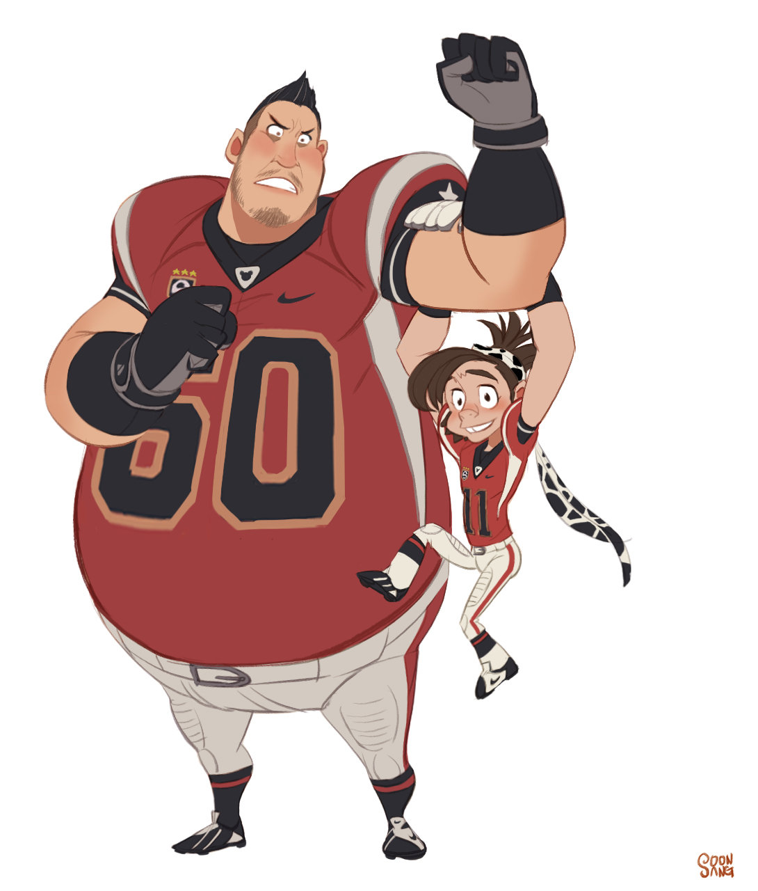 an illustration of a large, muscular man in a red and white american football uniform with the number 60, holding a playful young girl in a similar uniform with the number 11. they both have determined expressions, with the man running forward and the girl holding on and cheering.