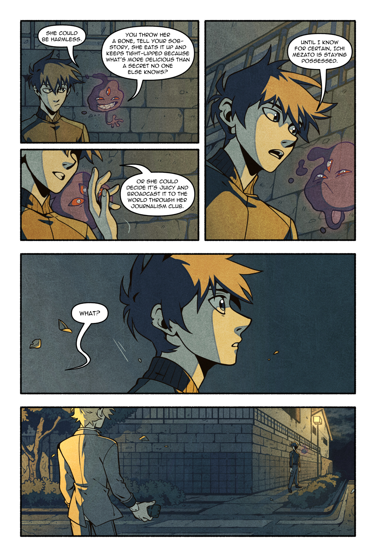 the first panel of the comic shows two men talking. one man is wearing a black shirt and the other is wearing a yellow shirt. the man in the black shirt suggests that the woman they are discussing could be harmless. the man in the yellow shirt disagrees and says that he doesn't trust her. the second panel shows a closeup of the man in the yellow shirt's face. he looks concerned. the third panel shows a long shot of the two men walking down a street at night. the man in the black shirt is walking ahead of the man in the yellow shirt.