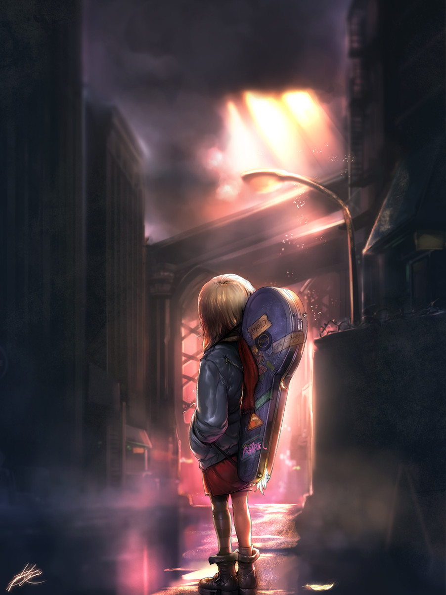 a young anime girl walks down a dark alley in a futuristic city. she is carrying a guitar on her back. the city is lit by streetlights. the alley is narrow and dark, with buildings on either side. the girl is wearing a blue jacket and red pants.