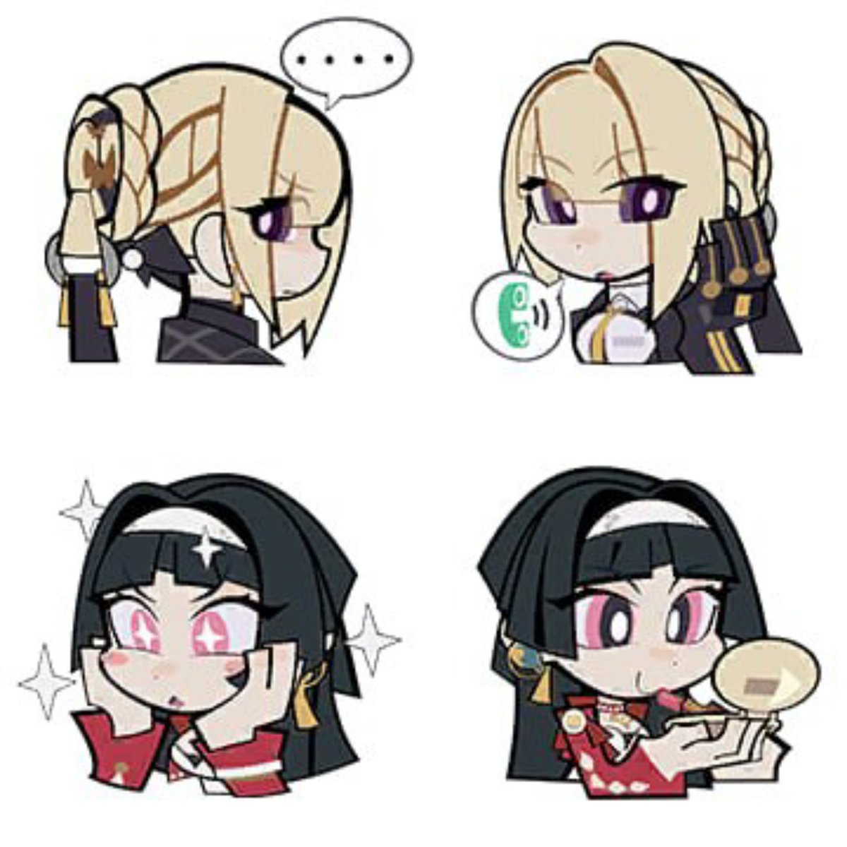 he image contains four chibistyle anime girl stickers.  the top left shows a blonde girl fixing her hair, with a thought bubble above her. the top right shows a blonde girl on the phone. the bottom left shows a blackhaired girl looking pleased, and the bottom right shows a blackhaired girl applying makeup.  all the characters have large eyes and are drawn in a cute, simplified style.  the stickers are likely meant for online messaging or other digital communication.