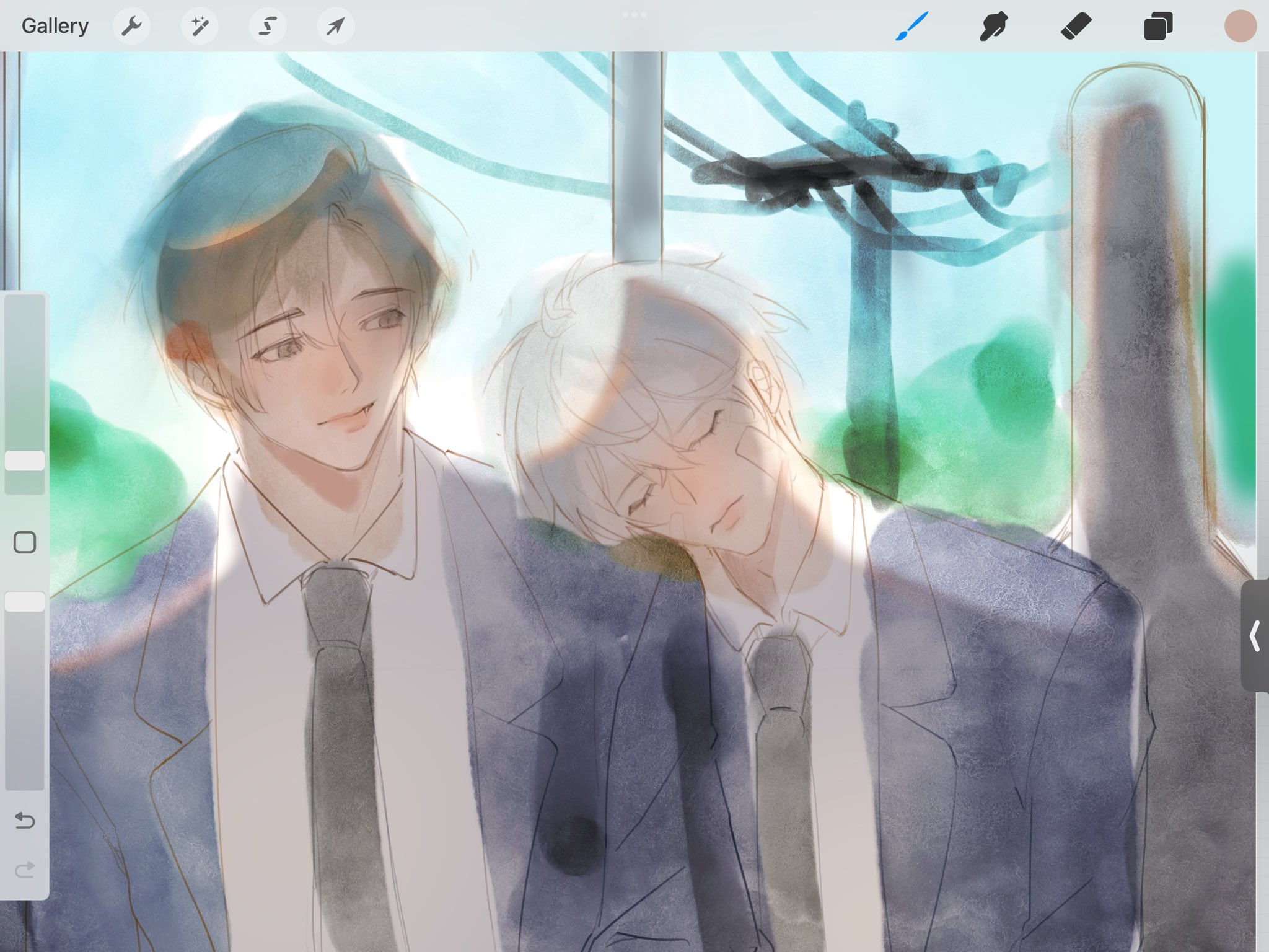 the image is a digital painting in a soft, watercolor style, depicting two animestyle boys on what appears to be a train or bus. one boy, with light brown hair, is sitting upright in a suit, while the other, with white hair, is leaning his head on the first boy's shoulder, asleep.  the setting is suggested by the blurry shapes of buildings and power lines visible outside the window, creating a dreamy and melancholic atmosphere. the overall style is suggestive of boys love (bl) manga or anime.  the colors are muted pastels, and the lighting suggests sunlight streaming through the window. the scene feels intimate and tender.