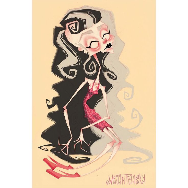 a stylized cartoon illustration of a skinny, pale woman with gothic features. she has exaggerated features such as a pointed chin, thin arms and legs, and large eyes with closed lids. her hair is half black and half white, styled in dramatic curls. she wears a short pink dress with a pattern. a dark shadow extends behind her on one side, while a lighter gray shadow is on the other. the illustration is signed at the bottom.