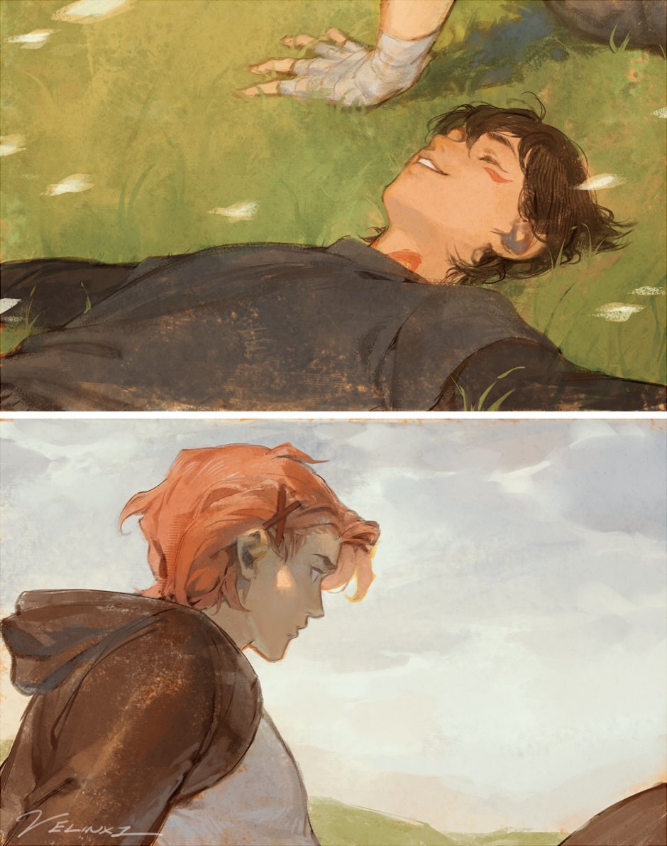 the image is an illustration divided into two panels. the top panel features a man lying on his back in a field of grass. he has dark hair, and his mouth is smiling. above him is a hand with bandages wrapped around it. the bottom panel shows another man with red hair wearing a brown hoodie. he is looking away and the background consists of clouds and sky. the art style is soft and painterly.