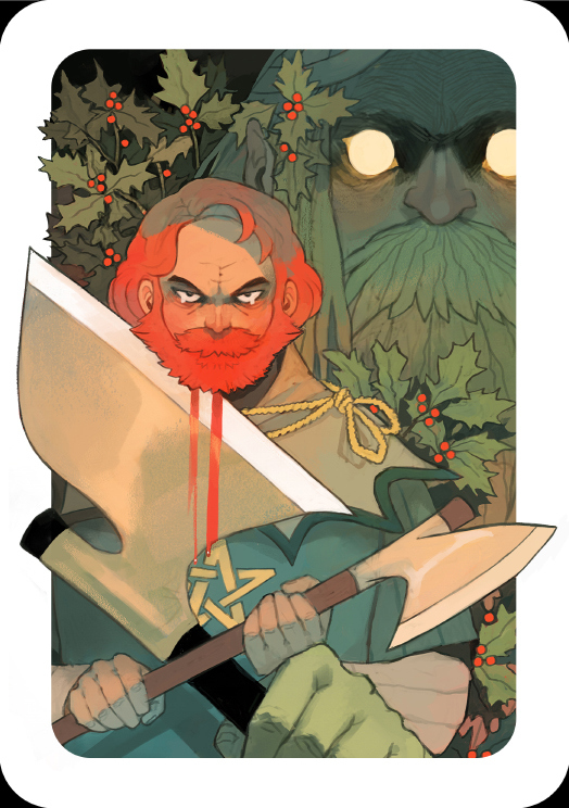 the image is a digital painting depicting a fantasy scene.  a redhaired, bearded warrior, possibly a barbarian or celticinspired character, is the central focus. he wields a large axe, and blood streaks down the blade, suggesting a recent battle.  behind him and partially obscuring him is a large, shadowy figure, reminiscent of a green man, a nature deity associated with vegetation and the cycle of life and death. holly bushes and berries are woven throughout the scene, hinting at a winter or yuletide setting. the style is painterly, with rich colors and attention to detail, conveying a dramatic and mystical atmosphere.  the overall mood is intense and somewhat ominous.