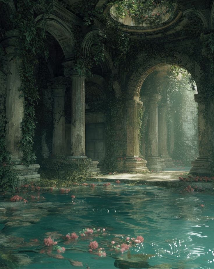 the image depicts a serene and overgrown ruin. the remnants of an ancient structure are visible, featuring stone columns, arches, and a dome. ivy and various plants have taken over the building, adding a touch of nature's reclaim. the scene is dominated by a pool of water, partially submerging the structure and reflecting the surroundings. flowers are scattered throughout the water, adding a pop of color to the otherwise muted tones.