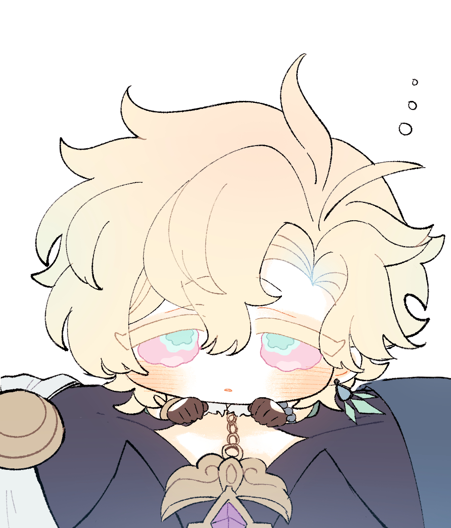 this is a cute anime chibi character with blond hair. he is wearing an elaborate outfit and is sleepy with his eyes closed and blushing.
