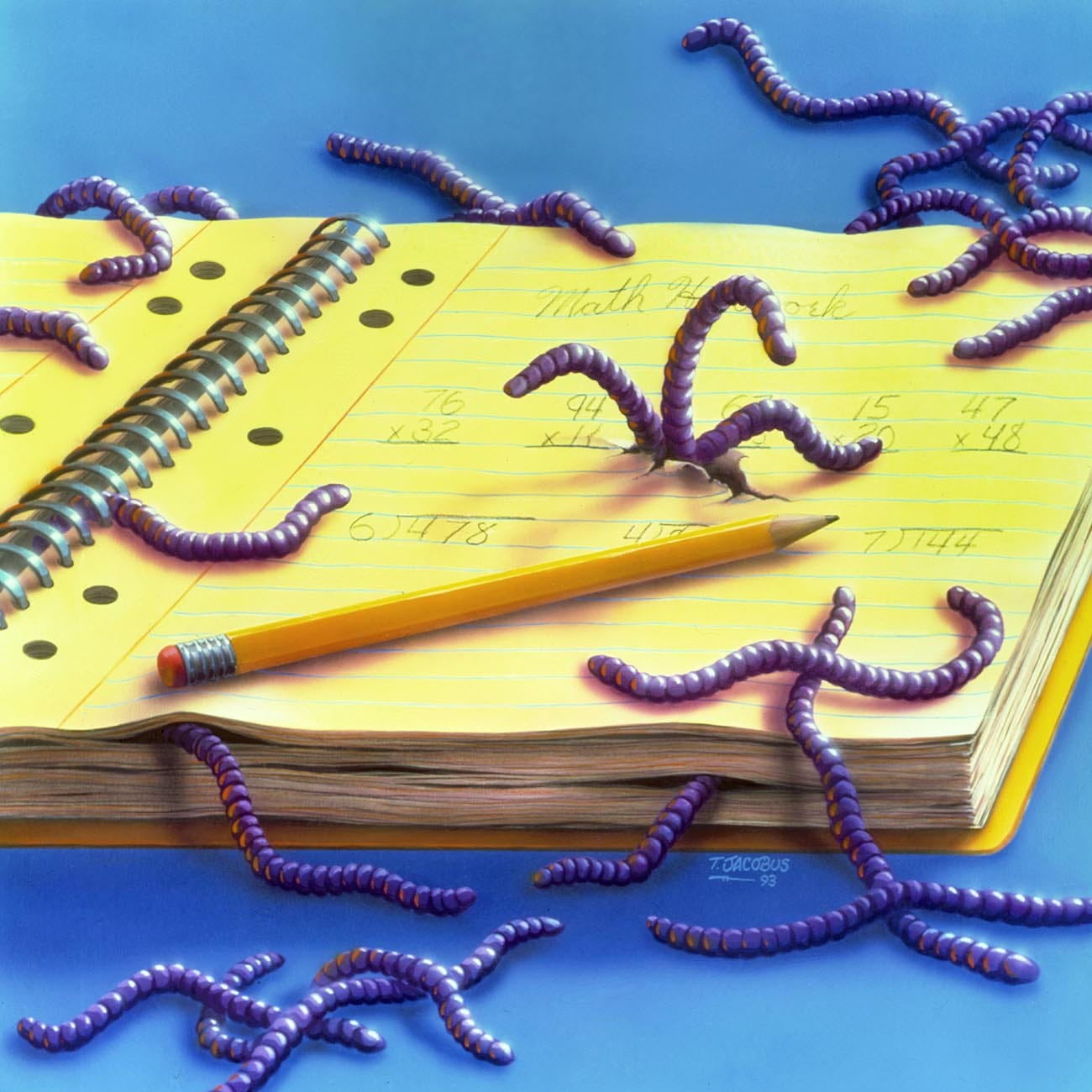 the image is a vibrant illustration depicting a math notebook being overrun by numerous purple worms.  the worms are crawling across the pages, some even emerging from a hole in the notebook's binding. a yellow pencil lies on top of the notebook, suggesting unfinished homework. the scene is set against a bright blue background, creating a striking contrast with the colors of the notebook and worms. the overall style is whimsical and slightly unsettling, perhaps suggesting the overwhelming feeling of a difficult math assignment. the image is highly detailed and realistic in its rendering of the worms and notebook.