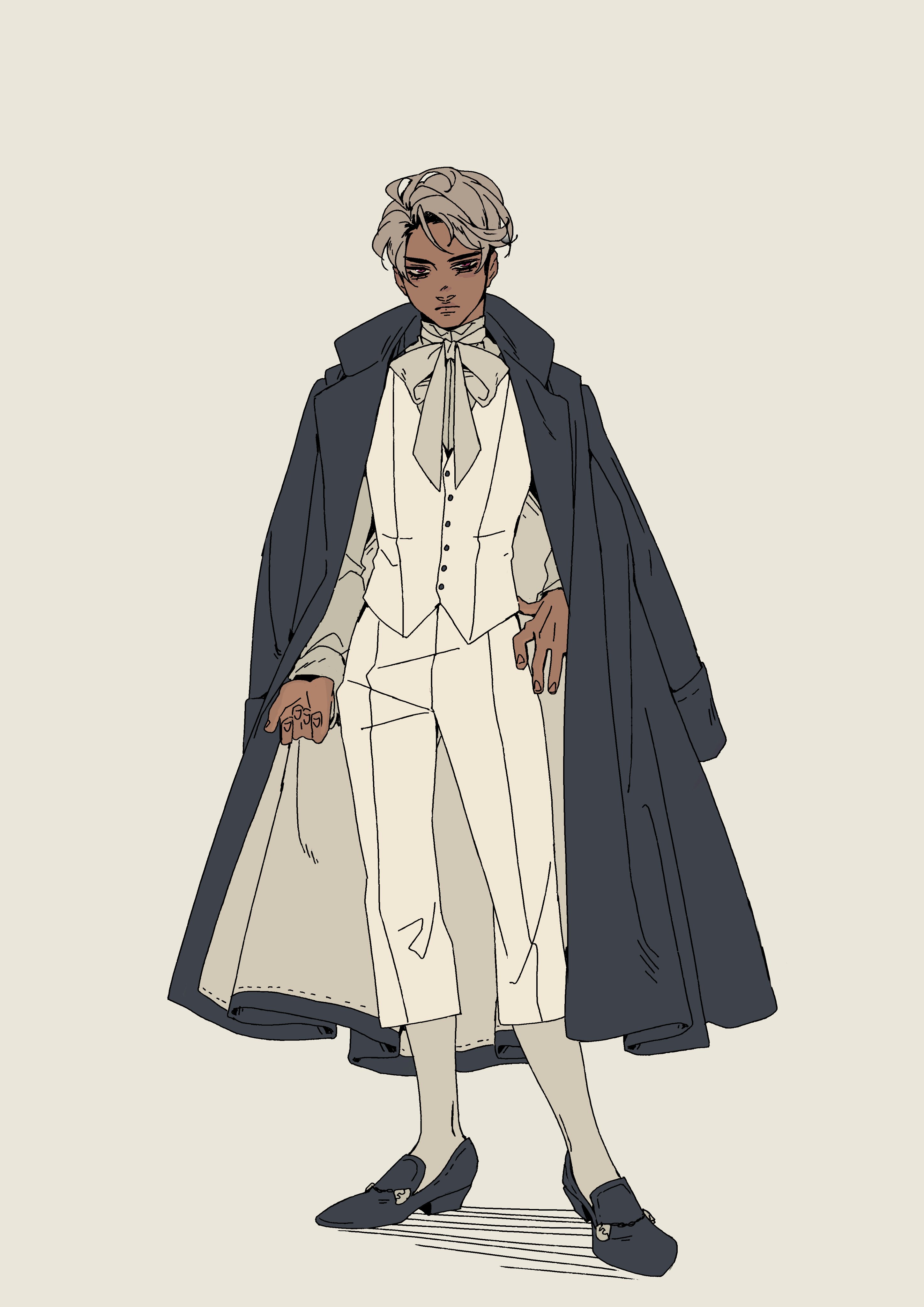 a sketch illustration of a man wearing a white suit and a long black coat. he is standing with his hands clasped in front of him and looking down with a slight frown. the drawing is done in a semirealistic style, with lines and shading that give the impression of texture and form. the man appears confident and stylish, suggesting he is welldressed and has a sense of fashion. the overall style of the image is elegant and sophisticated, conveying an atmosphere of class and sophistication.
