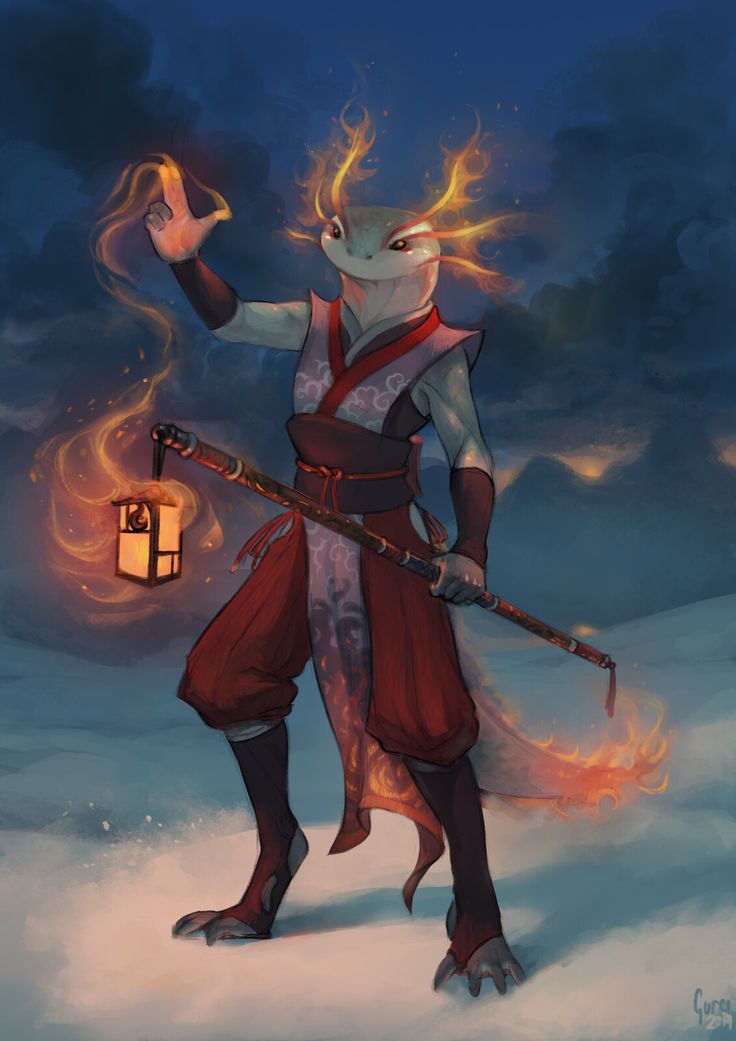 a fantasy illustration of a lizardlike creature with flames coming out of its head, wearing a red and white robe, carrying a staff with a lantern, walking through a snowy landscape. the artwork is in a digital painting style, reminiscent of anime and manga art. the colors are vibrant and the creature is depicted in a magical and powerful way.