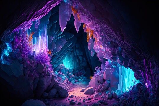 the image shows a fantastical cave scene bathed in purple, blue, and orange light. the cave is filled with rocks, glowing crystals, stalactites hanging from the ceiling, and stalagmites rising from the ground. a pathway leads deeper into the cave, where more glowing formations can be seen. the overall impression is one of a magical and otherworldly landscape.