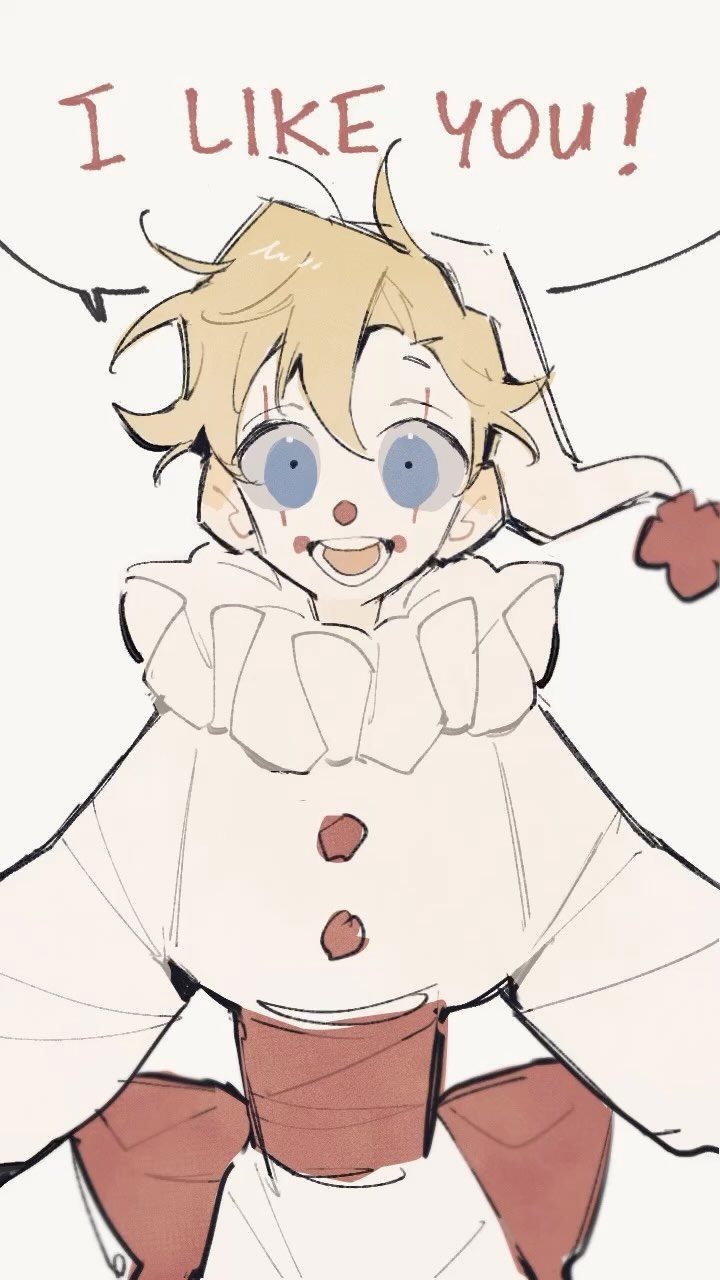 the image is a digital drawing of a cute animestyle boy dressed as a clown. he has blond hair, big blue eyes, and a simple clown makeup. he is wearing a white clown costume with red accents. a speech bubble above him says "i like you!" in a handwritten style. the overall style is soft, cute, and slightly melancholic. the background is plain white, which focuses the attention on the character.