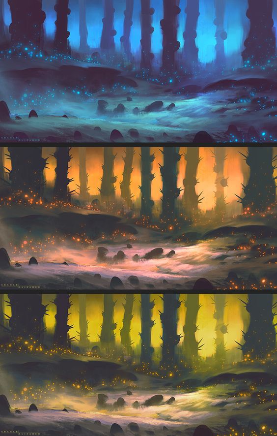 the image is a triptych showcasing the same fantastical forest under different lighting conditions. the top depicts a cool, nighttime scene with bioluminescent flora illuminating the forest floor and reflecting off a winding stream. the middle image portrays dusk, with a warm, orange light bathing the scene and creating long shadows from the tall, slender trees. the bottom image showcases a bright, yellowtoned daytime scene where the sunlight filters through the trees, casting dappled light on the forest floor. all three scenes are united by the same composition, featuring a central stream and similar vegetation.