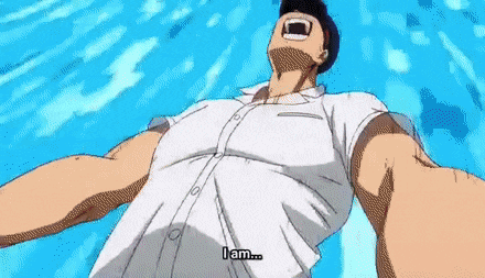 a man with dark hair wearing a white shortsleeved buttondown shirt is tilting his head back and screaming with his mouth open. his arms are slightly raised.  he is surrounded by vibrant, animated blue water.  the image is a low angle shot, looking up at the man.