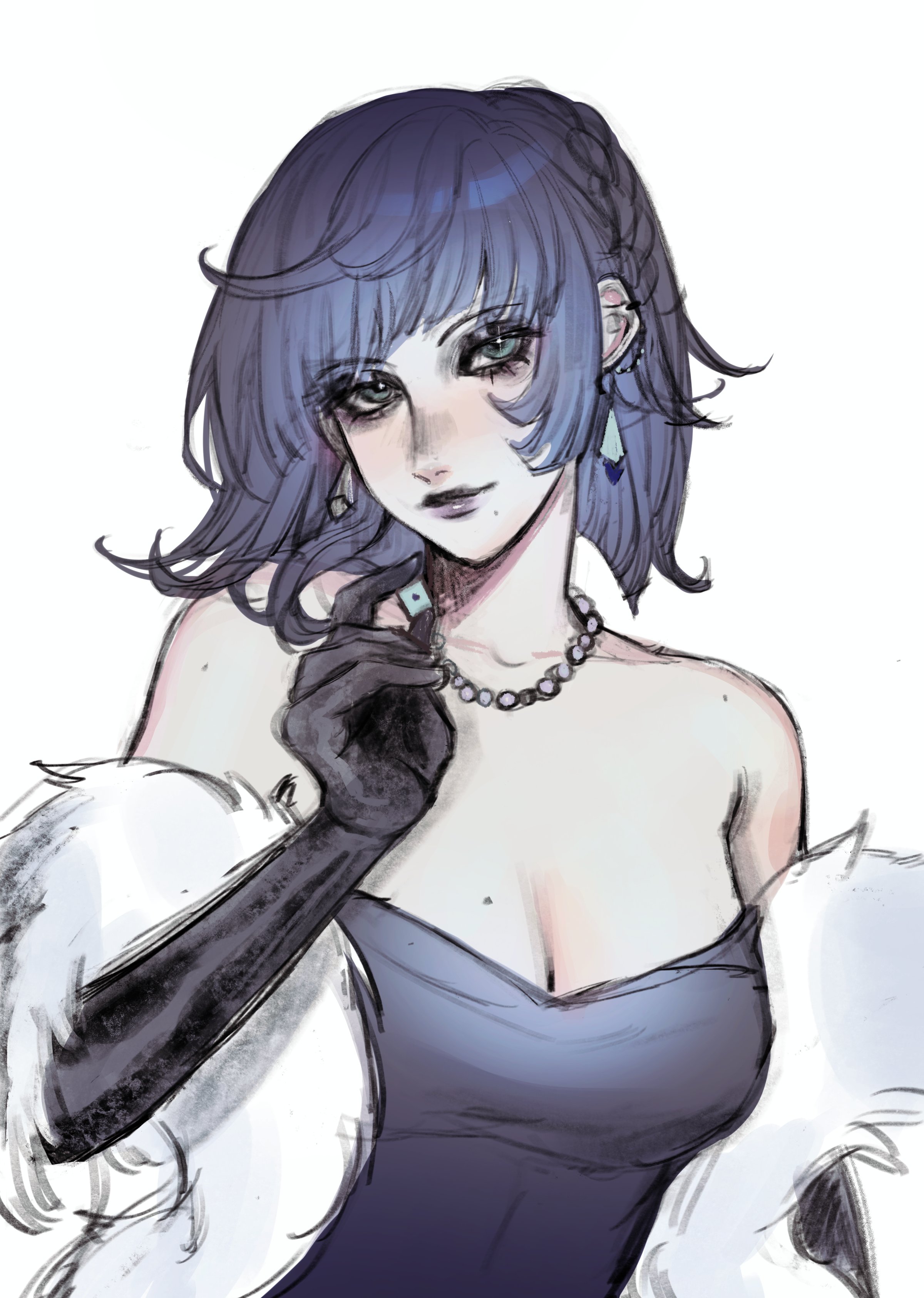 an anime style drawing of a woman with long blue hair, wearing a black dress and gloves, a white fur jacket and pearl necklace with a blue gem pendant. she has on blue earrings and her eyes are looking off to the side with a mysterious expression. the drawing has a soft and ethereal quality.
