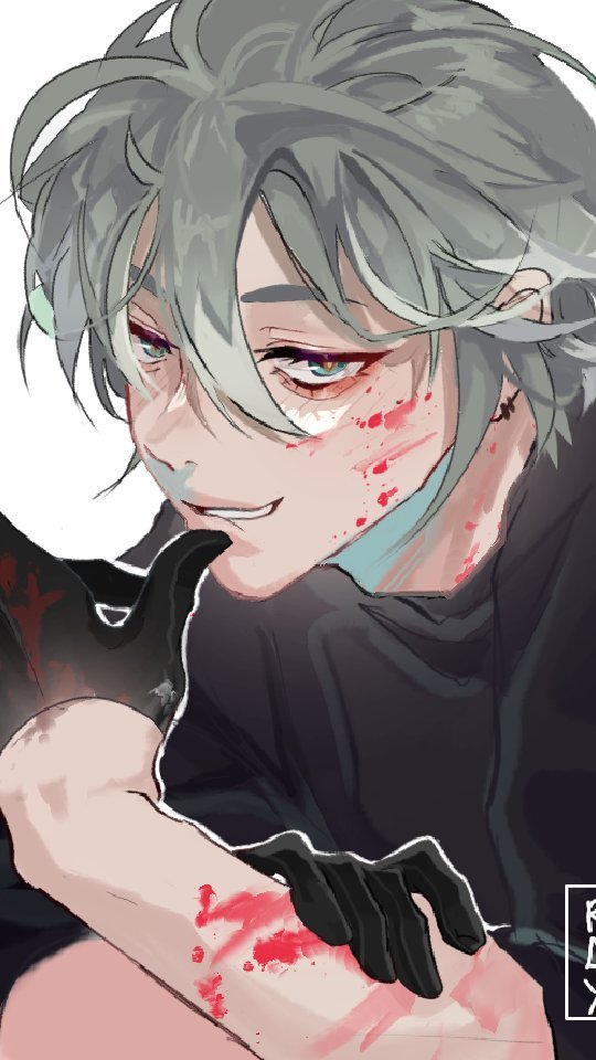 he image is a closeup digital drawing of an animestyle boy with grey hair. he has several bloody scratches and cuts on his face and arm. he's wearing dark clothing and gloves, and he has a smirk on his face. the art style is graphic and stylized.