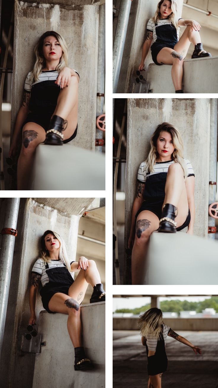 the image is a collage of five separate photographs featuring a young blonde woman in various poses.  she's wearing a black denim overall dress with a striped top underneath and chunky black boots.  she has visible tattoos on her legs and arms.  the backdrop for each photo is a gritty, urban environment with exposed concrete. the photos capture different angles and moods, showcasing the model's fashion sense and attitude.  the overall style is edgy and alternative.